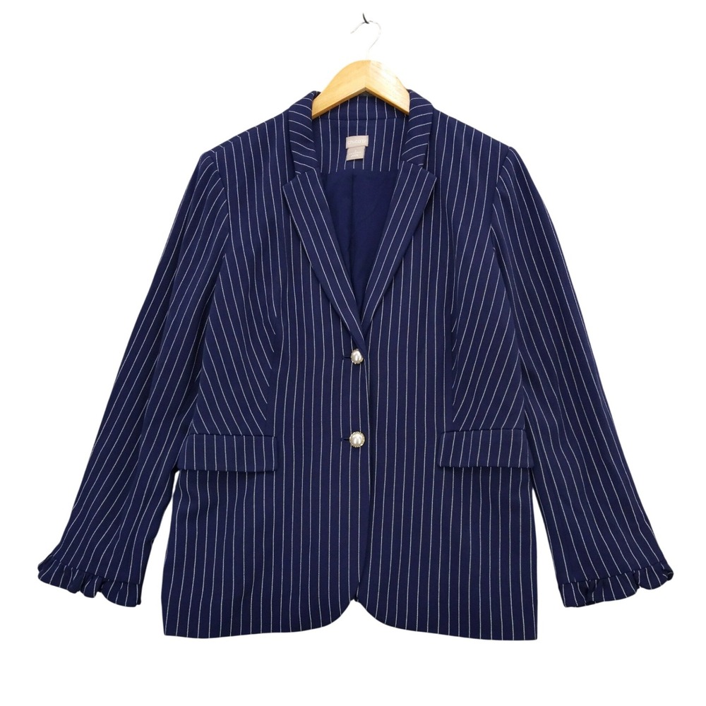Chicos Women's Blazer US Size 2 12/14 Navy Blue Striped Long Sleeve Ruffle Cuff